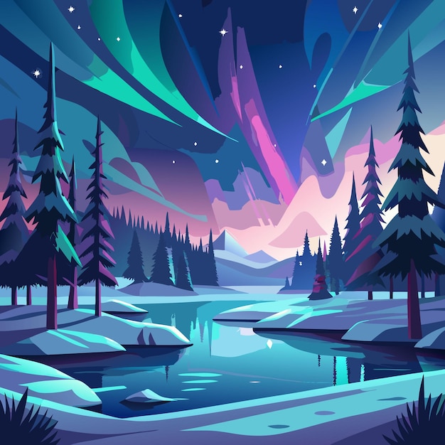 a digital painting of a forest with a river and snowy mountains