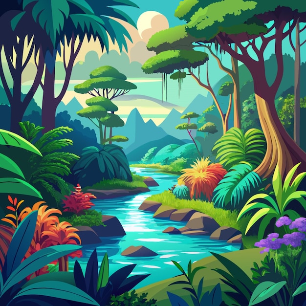 a digital painting of a forest with trees and river