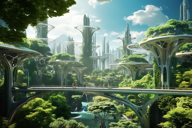 a digital painting of a futuristic city with a bridge and trees