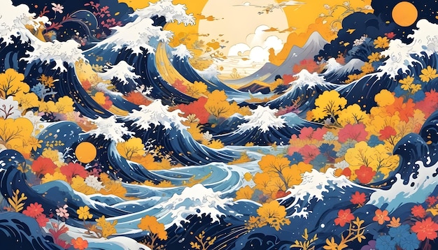 A digital painting of a Japaneseinspired landscape with large stylized waves a full moon mountains and a foreground filled with trees and flowers