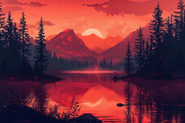 Vector a digital painting of a mountain lake with a sunset over the mountains