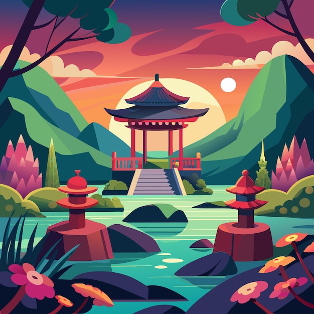 Vector a digital painting of a pagoda with a bridge and trees in the background