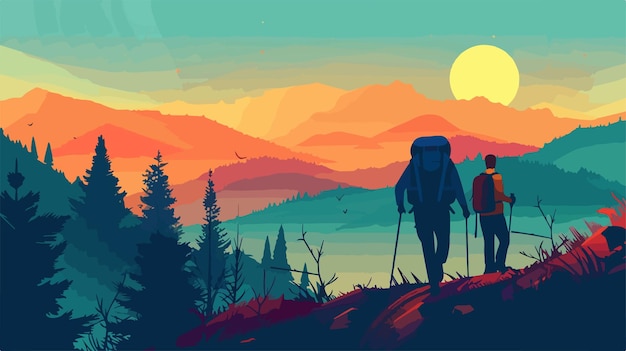 Vector a digital painting of people walking in the woods with mountains in the background