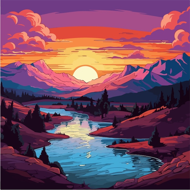 A digital painting of a river with mountains and a sunset.