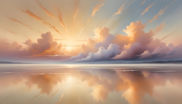 Vector a digital painting of a serene lake with a bright orange sunset reflected in the water fluffy clouds are present in the sky