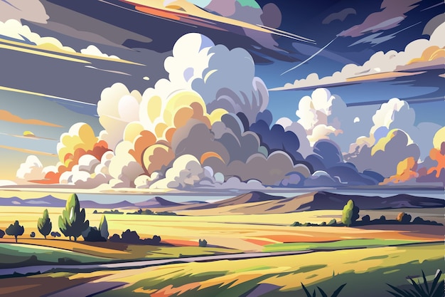 Vector a digital painting of a sunset with clouds and trees