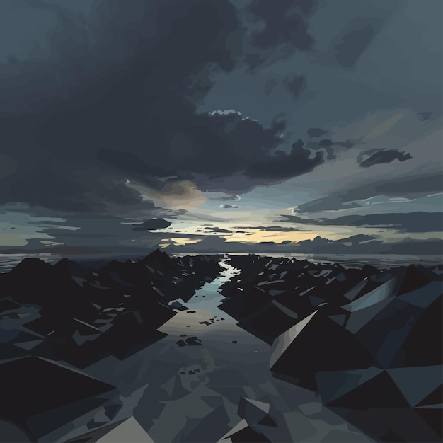 Vector a digital painting of a sunset with a river and sky in the background