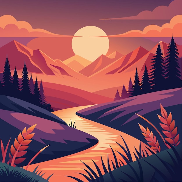 Vector a digital painting of a sunset with trees and mountains