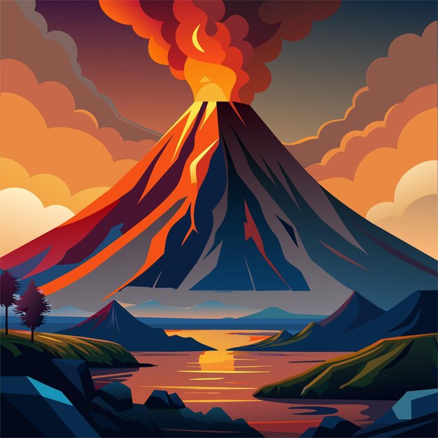 Vector a digital painting of a volcano with a mountain in the background