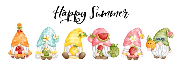 Vector digital painting watercolor fruit gnome gnomes happy summer greetings card