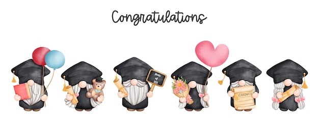 Digital painting watercolor graduation gnome graduation banner greetings card