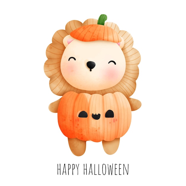 Digital painting watercolor Halloween lion with pumpkin costum, Festive animal woodland.