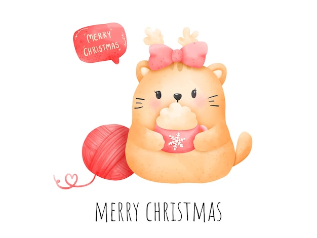 Digital painting watercolor meowy Christmas card. Christmas cat vector.