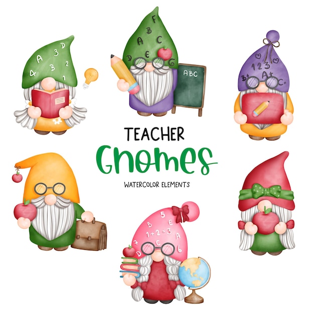 Vector digital painting watercolor teacher gnome elements back to school gnome