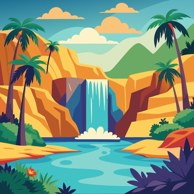 a digital painting of a waterfall with palm trees and mountains in the background