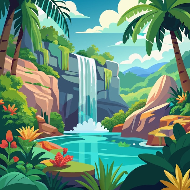 a digital painting of a waterfall with tropical plants and trees