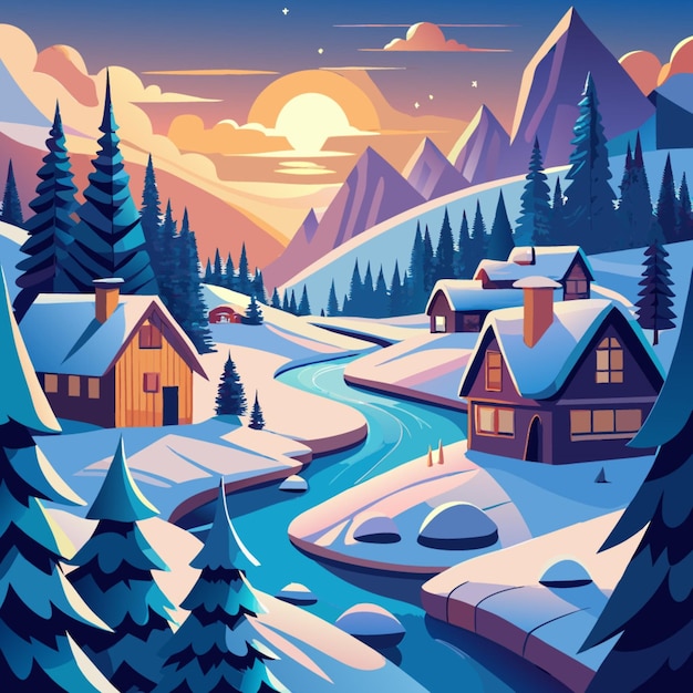 Vector a digital painting of a winter scene with a house and mountains in the background