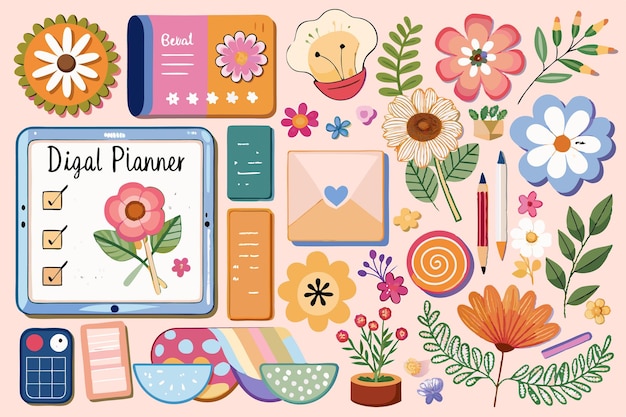 Vector digital planner with flowers notes and pens