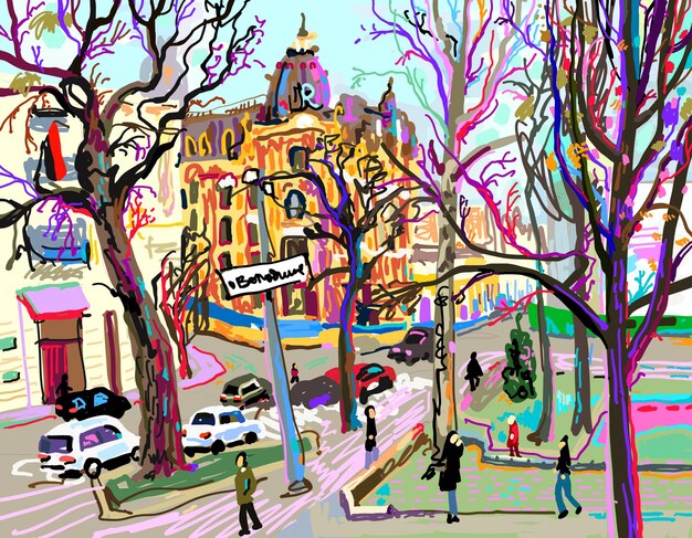 Digital plein air painting of Kiev street cityscape in spring, contemporary art vector illustration