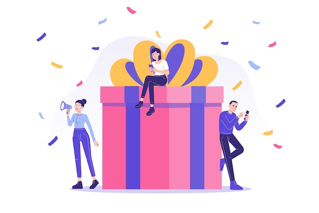 Digital referral and reward program with people receive a big gift box