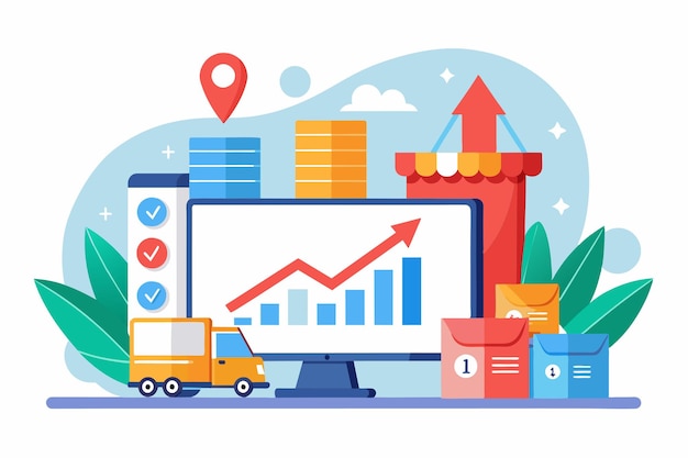 Vector a digital representation showing delivery orders growth with a truck icon bar graphs and warehouse elements illustrating ecommerce trends