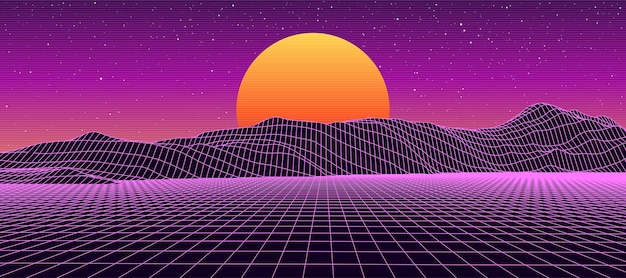 Digital retro landscape 1980s style Futuristic cyber surface 80s Retro SciFi background Album cover or banner in the style of the 8090s Vector illustration