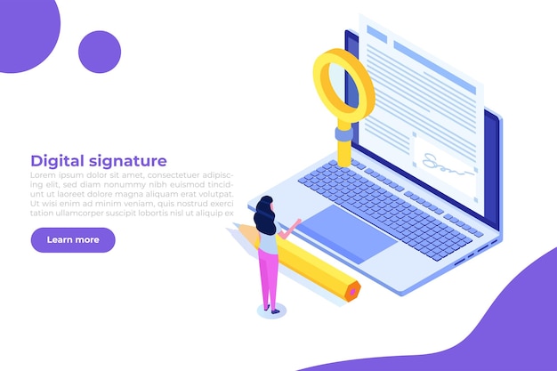 Digital signature isometric Electronic Smart contract Vector illustration