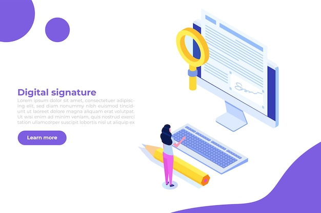 Digital signature isometric Electronic Smart contract Vector illustration