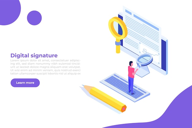 Digital signature isometric Electronic Smart contract Vector illustration