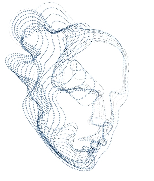 Digital soul of machine, Artificial Intelligence software visualization of human head made of dotted particles flowing wave lines array. Technical era period of evolution.