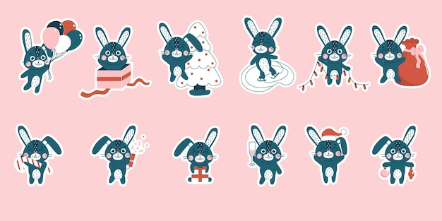 Digital stickers with Bunnies Christmas cute rabbits set Winter black hare symbol of 2023 year New year mascot Vector flat animal character Happy Chinese New Year