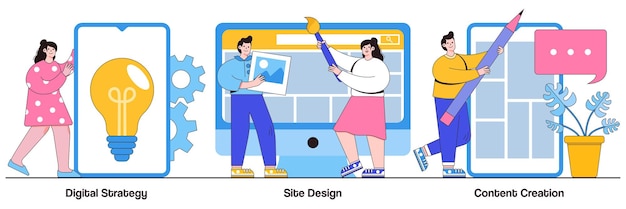 Digital strategy, site design, content creation concept with tiny people. Outbound marketing abstract vector illustration set. Creative writing, web development and mobile advertising metaphor.