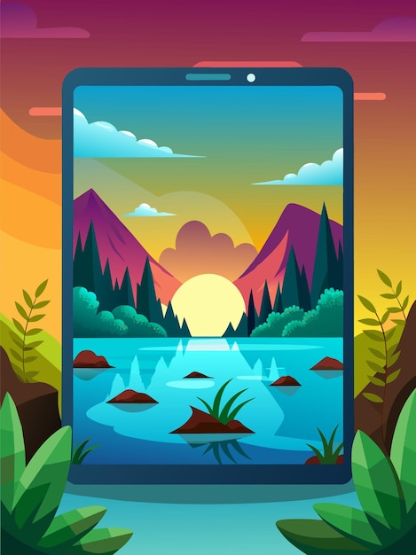 Digital Tablet Displaying a Mountain Lake Landscape at Sunset