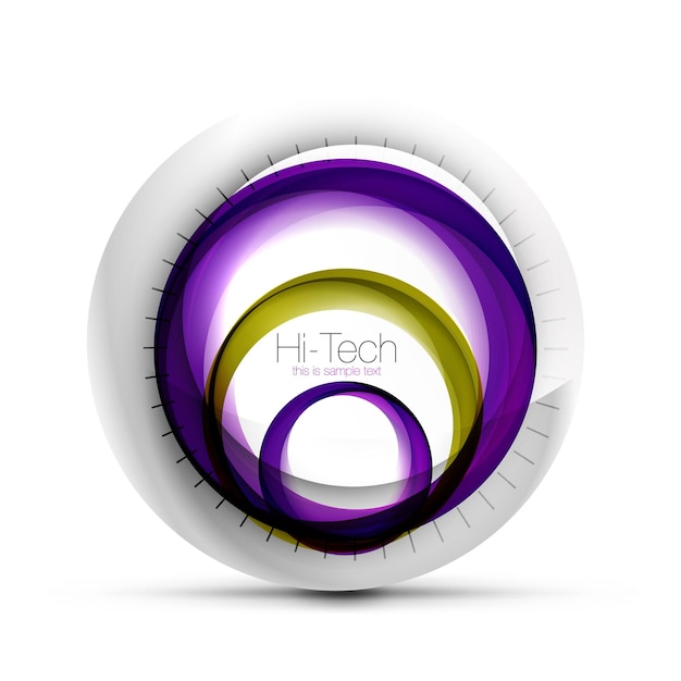 Digital techno sphere web banner button or icon with text Glossy swirl color abstract circle design hitech futuristic symbol with color rings and grey metallic element Vector illustration