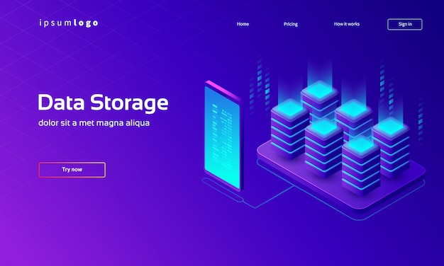 Digital technology isometric landing page, Data storage