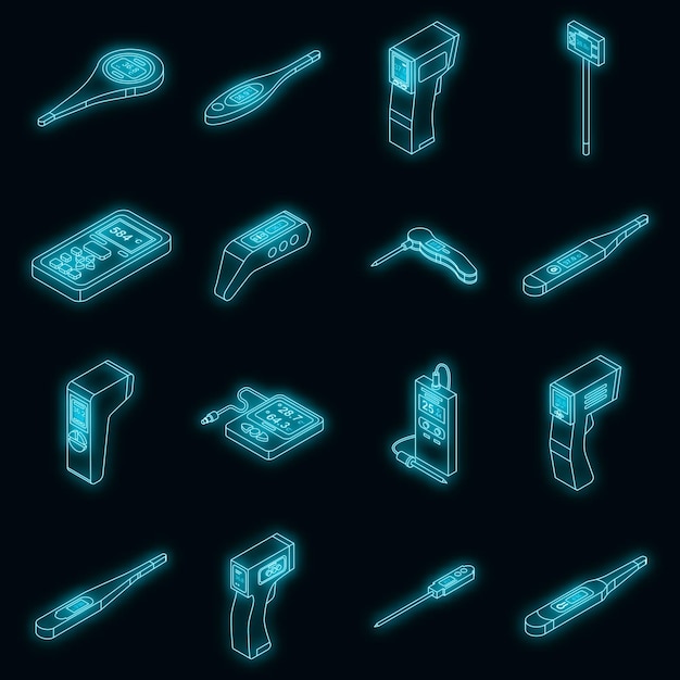 Digital thermometer icons set vector neon