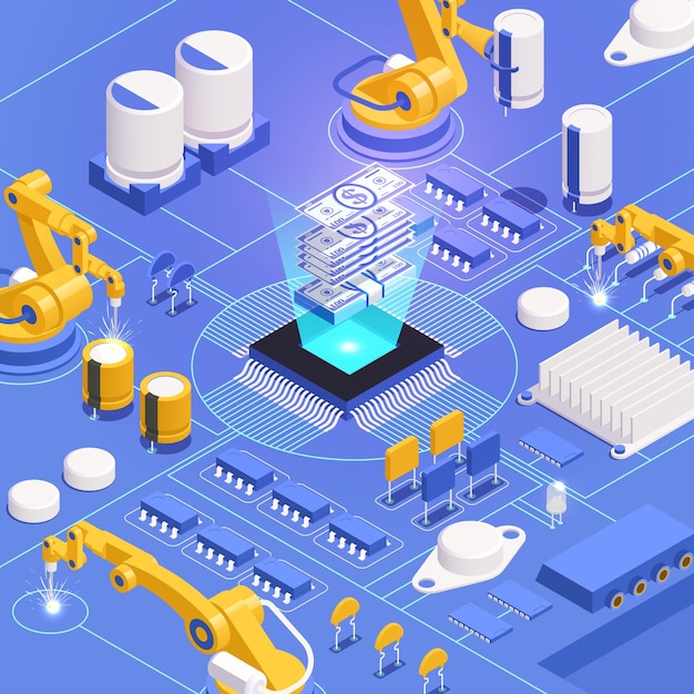 Digital transformation and digitalization isometric composition with circuit board vector illustration