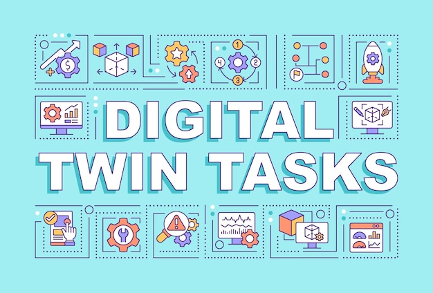 Digital twin tasks word concepts turquoise banner. Engineering. Infographics with linear icons on background. Isolated typography. Vector outline color illustration with text. Arial-Black font used