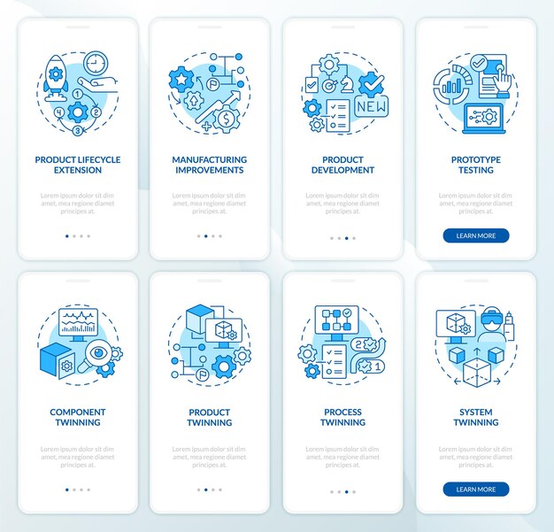 Digital twin technology blue onboarding mobile app screen set. Twinning walkthrough 4 steps graphic instructions pages with linear concepts. UI, UX, GUI template. Myriad Pro-Bold, Regular fonts used