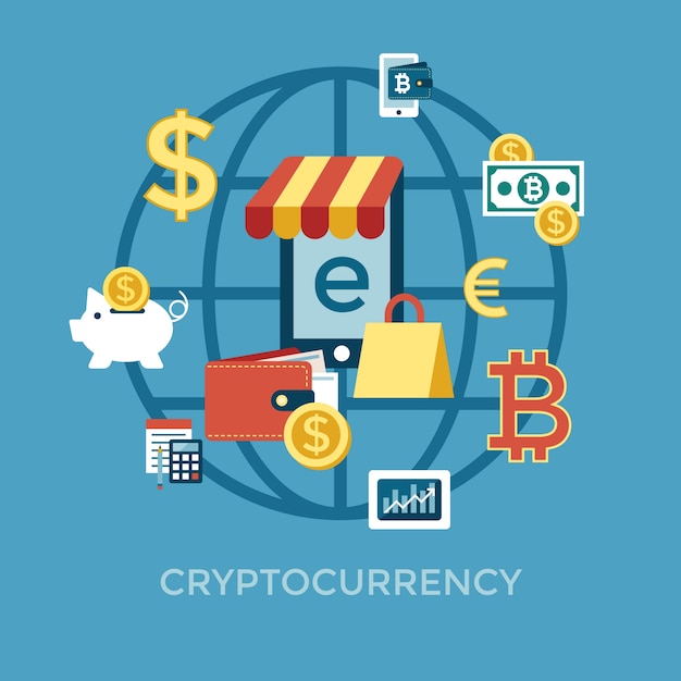 Digital vector bitcoin cryptocurrency and electronic money payments transfer icons set