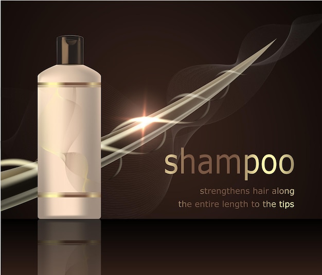 Digital vector shampoo strengthens hair mockup oon a dark background with your brand