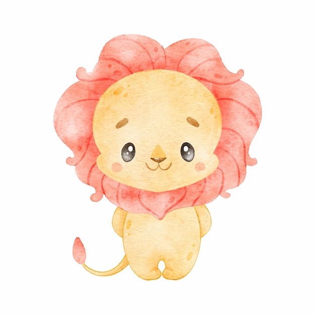 Digital watercolor illustration of cute cartoon tropical animal lion