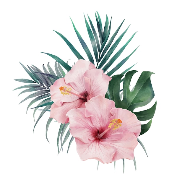 Digital watercolor painting bouquet with Hibiscus flowers Palm leaves Monstera Deliciosa Leaf