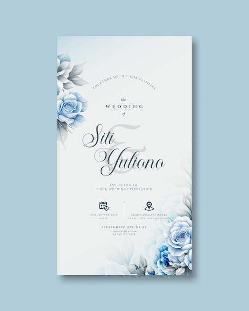 digital wedding invitation with blue bouquet flower watercolor