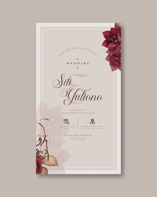 digital wedding invitation with geometric cream color backtround and red flower watercolor