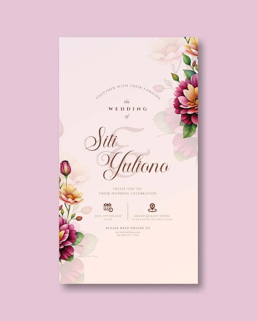 digital wedding invitation with red bouquet flower watercolor