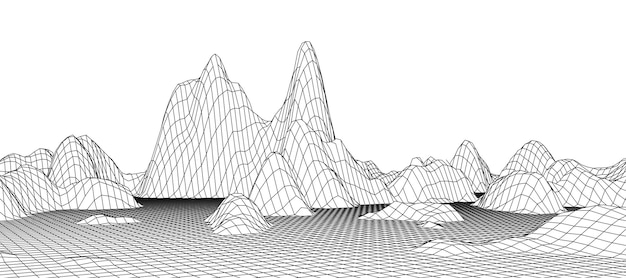 Digital wireframe landscape Wireframe terrain polygon landscape design Digital cyberspace in mountains with valleys Vector illustration