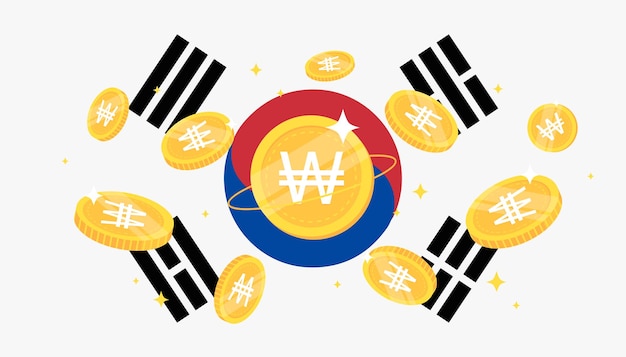 Digital Won currency coins on South Korea flag background Central Bank Digital Currency CBDC concept banner background