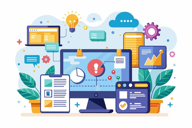 A digital workspace depicts software programming challenges with charts notifications and ideas Computer software programming issues illustrated in a flat style