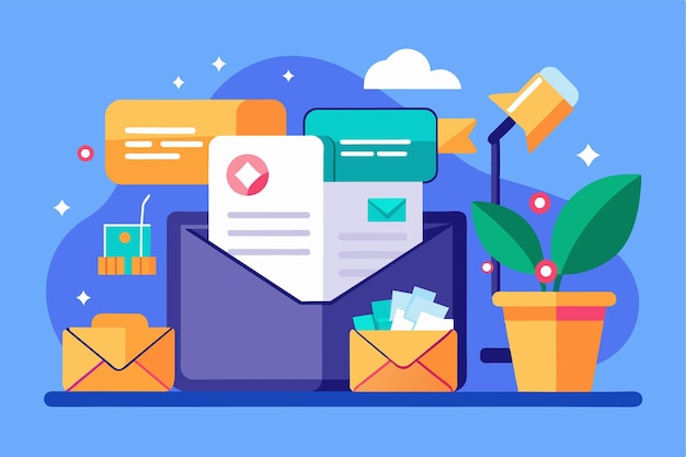 A digital workspace featuring an organized inbox with colorful emails and a green plant Inbox cleanup Customizable Flat Illustration